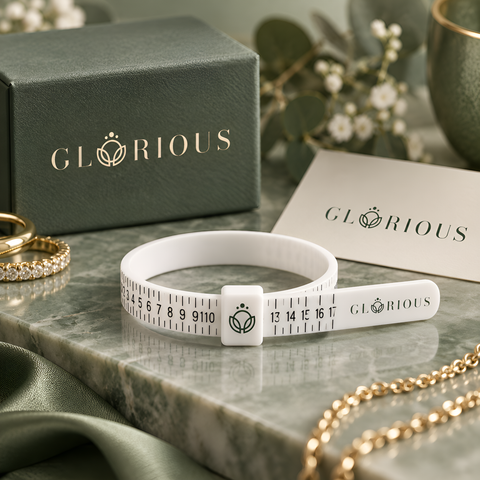Complimentary Glorious ring sizer beside a green Glorious gift box on a green stone surface.
